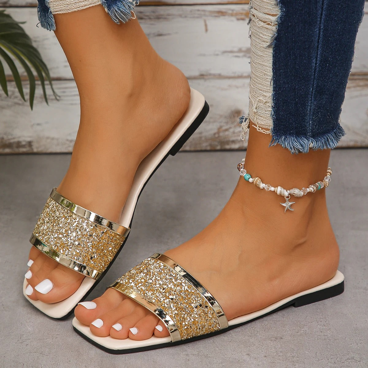 Summer Flat Sandals Shoes Female Designer Square Toe Bling Luxury Slippers Women Shoes for Women