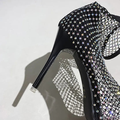 Bling Bling Rhinestone Mesh Pointed Toe Sandals Ankle Boots Stiletto High Heels Female Crystal Mesh Shoes Sandals