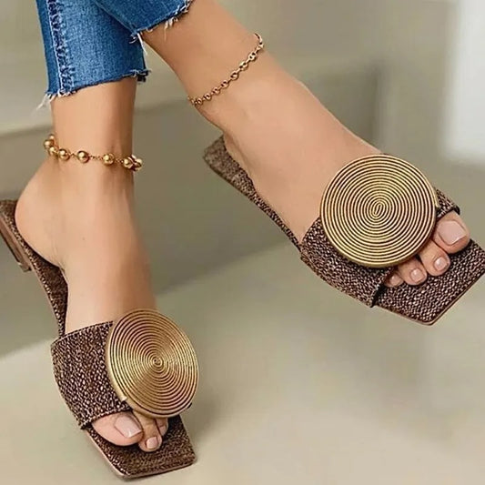 Flat Sandals Plus Size Round Buckle Solid Flats Female Casual Slippers Ladies Women Fashion Beach Shoes