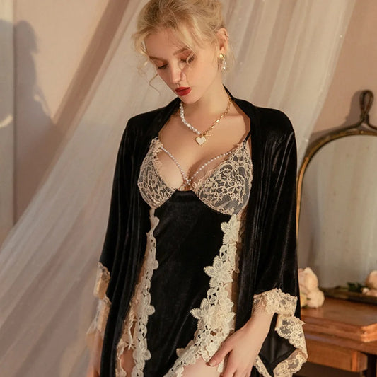 Women Twinset Robe Set Sexy Lace Trim Nightgown Sleepwear
