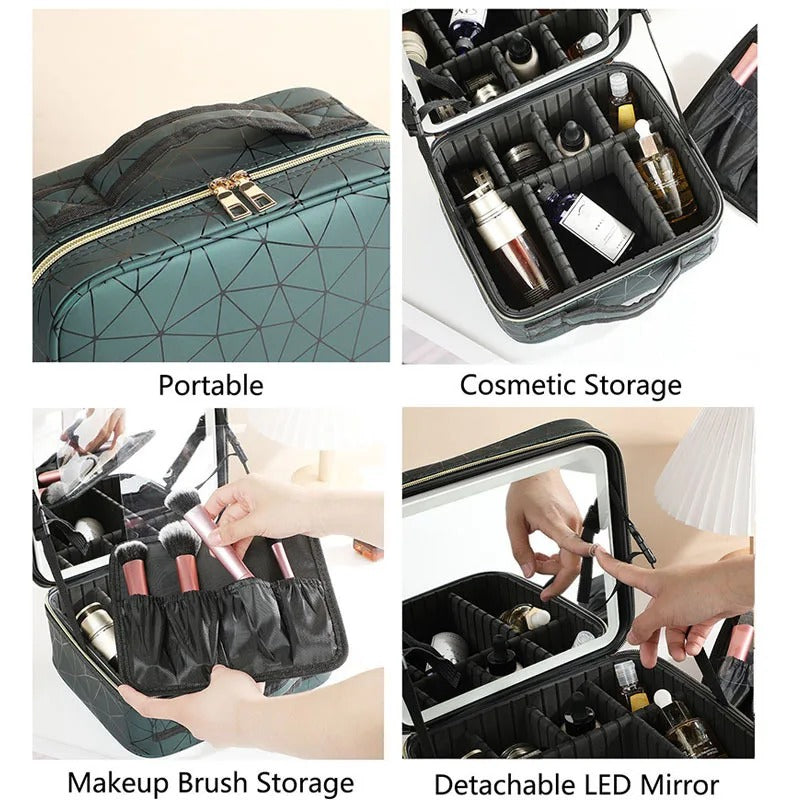 Travel Makeup Bag With Mirror LED Lighted Adjustable Dividers Cosmetic Case Portable Artist Beauty Nail Tool Makeup Case Female