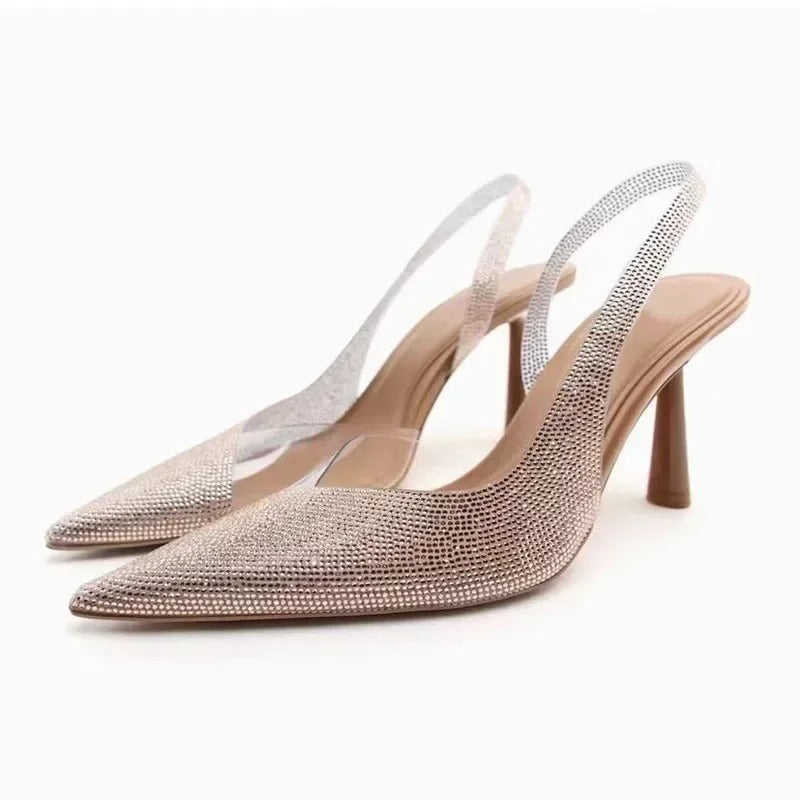 Women's Pointed Head High Heeled Pumps ZAZA Sexy Woman Shoes Fashion Pearl Decoration Slingback Woman Sandals