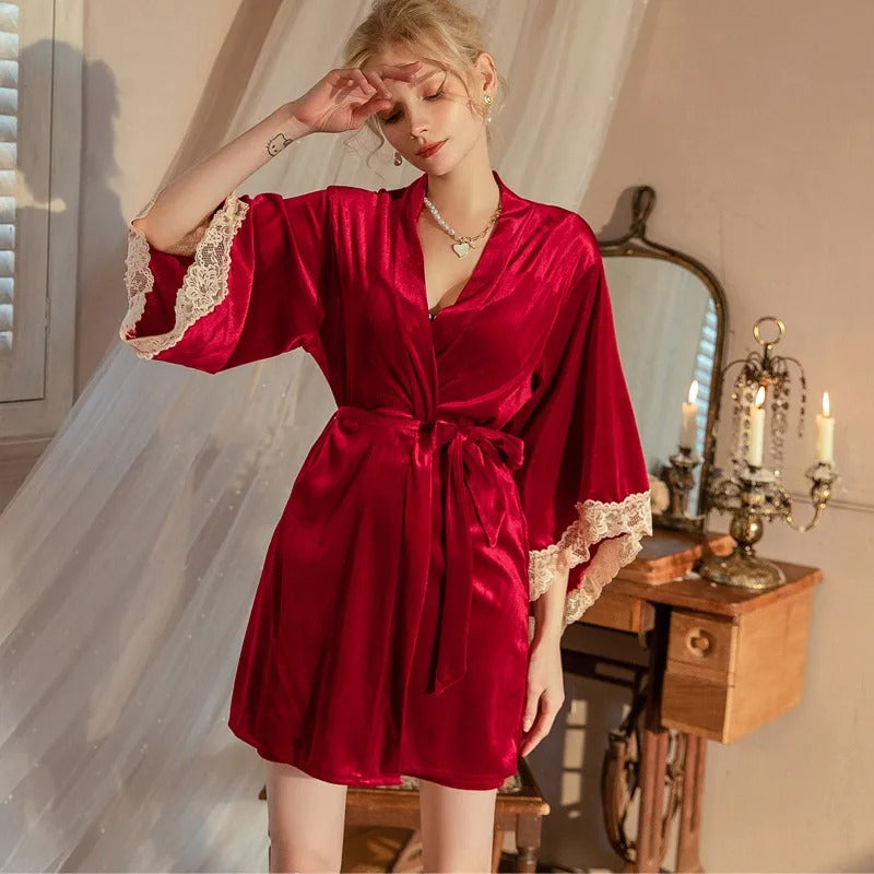 Women Twinset Robe Set Sexy Lace Trim Nightgown Sleepwear