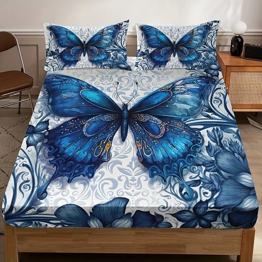 3pcs Blue Butterfly Floral Fitted Sheet Set (1 Fitted Sheet + 2 Pillowcase Without Pillow Insert) for  King, Queen, Full, and Twin Bedsheets