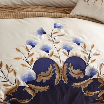 Chic Embroidered White Blue Luxury Bedding Set for  King, Queen, Full, and Twin Bedsheets