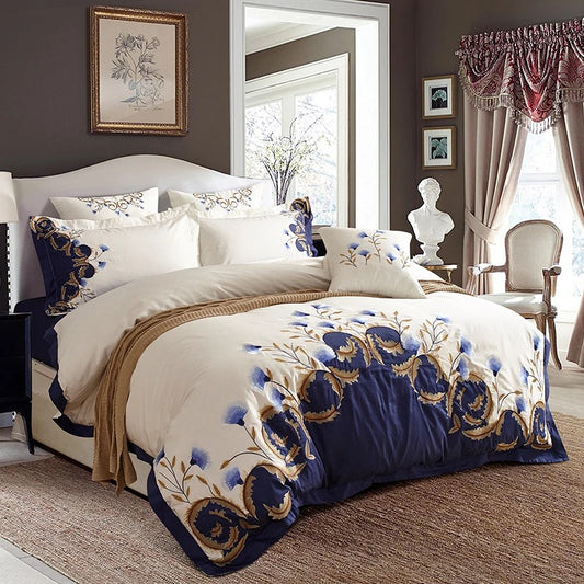Chic Embroidered White Blue Luxury Bedding Set for  King, Queen, Full, and Twin Bedsheets