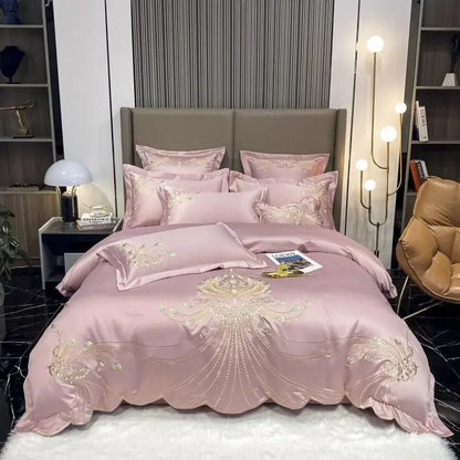 Sateen Gold Embroidery Luxury Satin Cotton Bedding Set for  King, Queen Full, Twin Bedsheets