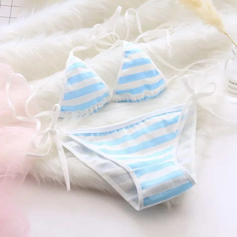 Lace-up Strap Striped Suit Cute Underwear Women Set