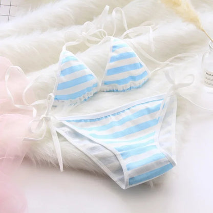 Lace-up Strap Striped Suit Cute Underwear Women Set