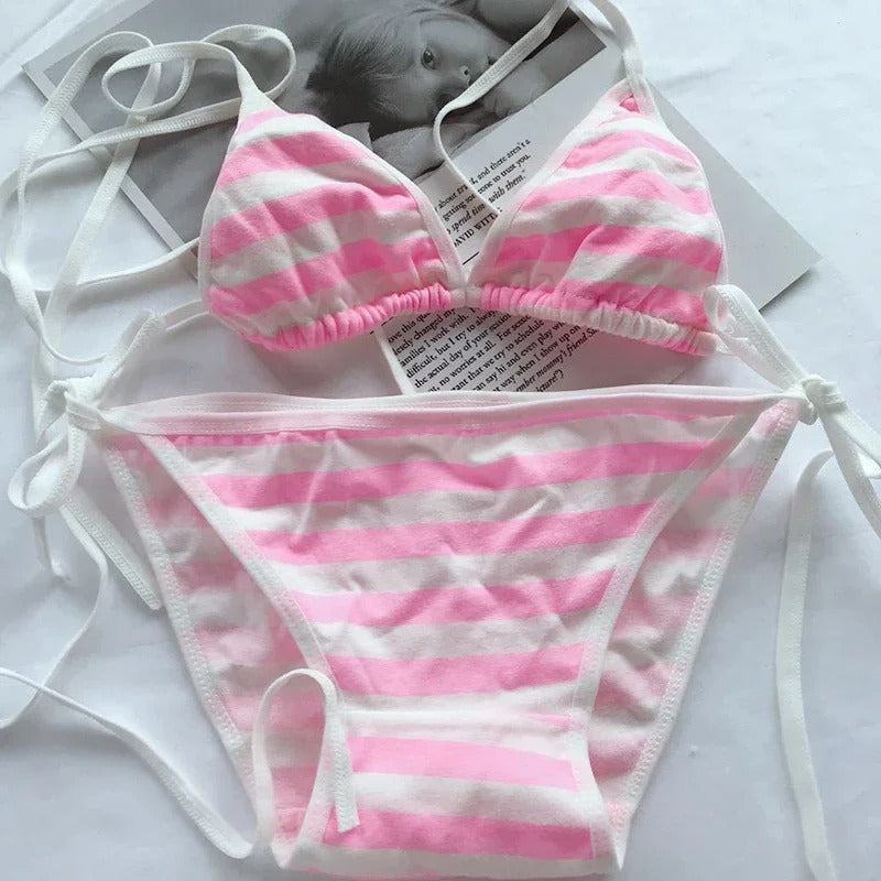 Lace-up Strap Striped Suit Cute Underwear Women Set