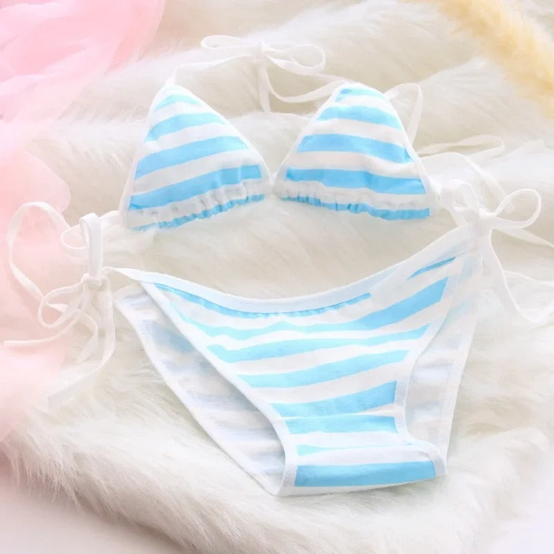 Lace-up Strap Striped Suit Cute Underwear Women Set
