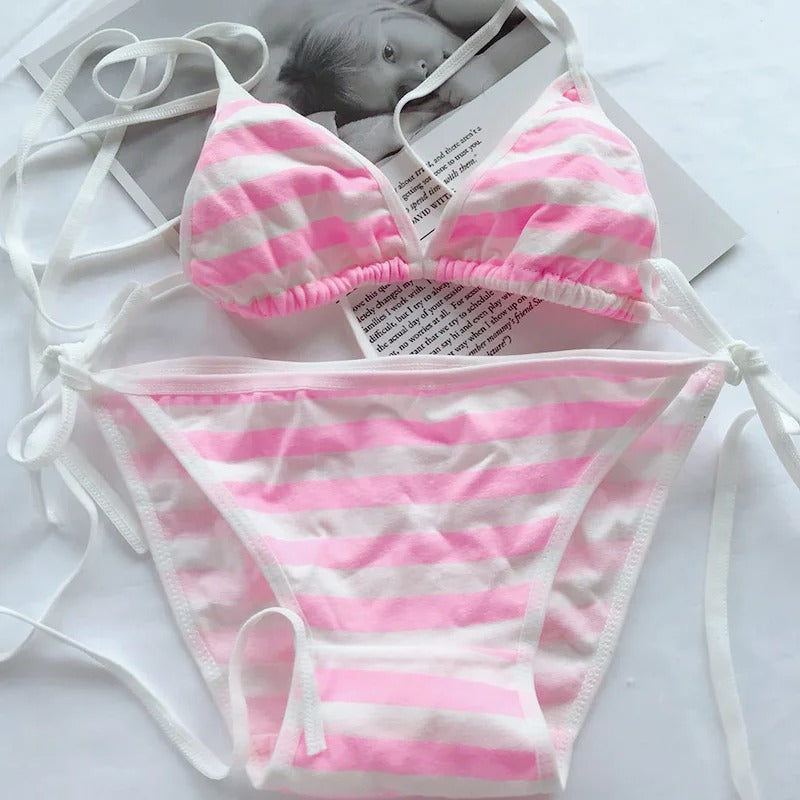 Lace-up Strap Striped Suit Cute Underwear Women Set
