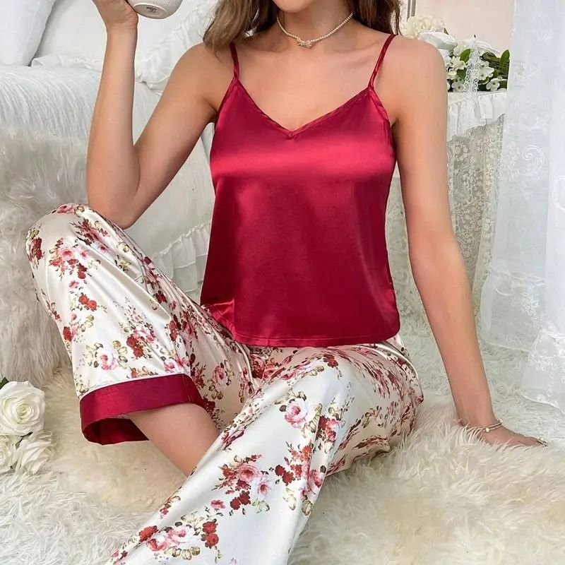 Women's Sleepwear Luxurious Floral Print Satin Pajama Set