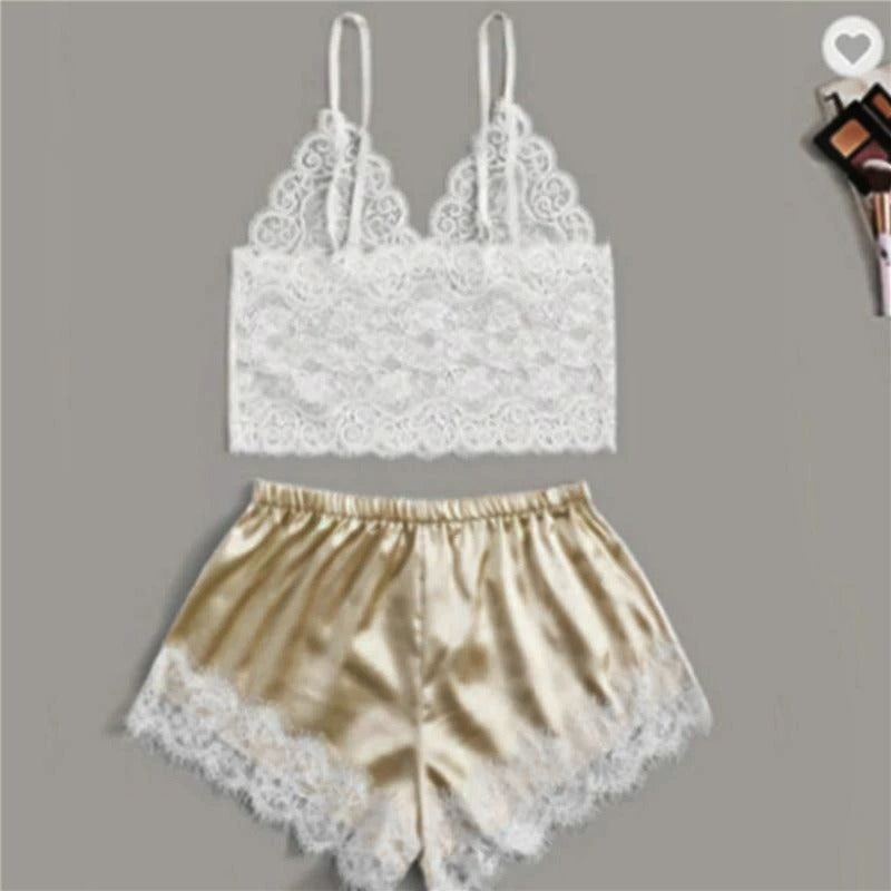 Sexy Lace Silk Sleepwear Two Piece Set Of Suspender Shorts For Women