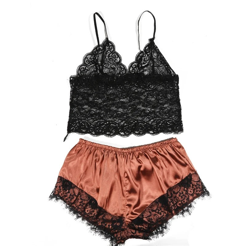 Sexy Lace Silk Sleepwear Two Piece Set Of Suspender Shorts For Women
