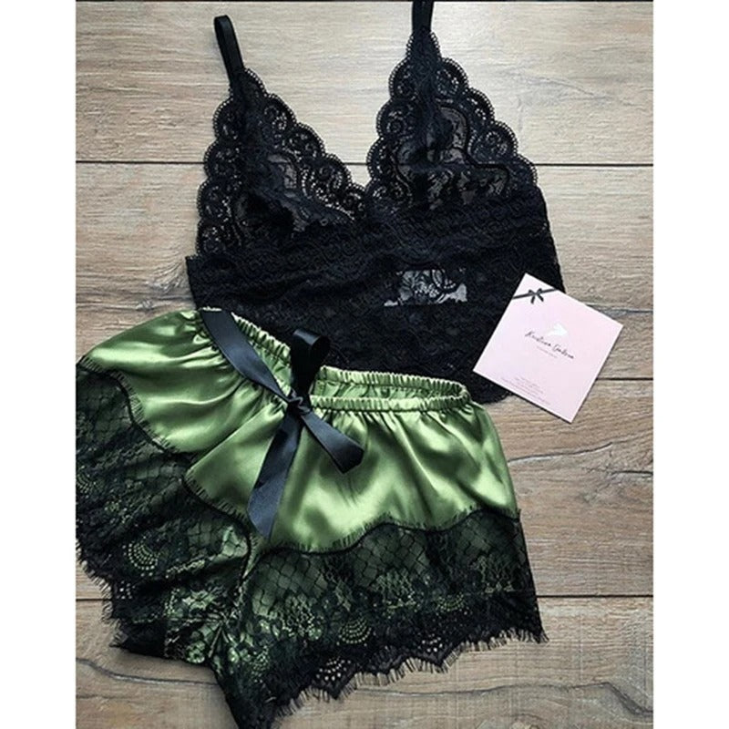 Sexy Lace Silk Sleepwear Two Piece Set Of Suspender Shorts For Women