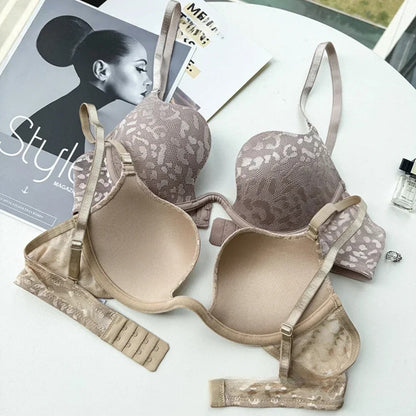 Leopard Jacquard Lace Sexy Deep V Brassieres Push Up Lingerie Set