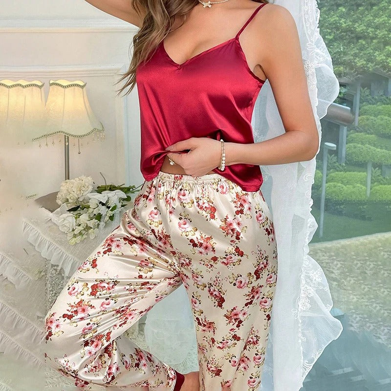 Women's Sleepwear Luxurious Floral Print Satin Pajama Set