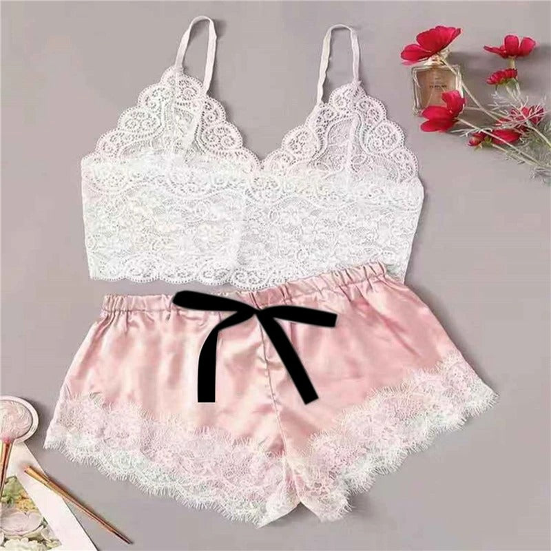 Sexy Lace Silk Sleepwear Two Piece Set Of Suspender Shorts For Women