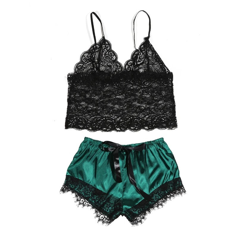 Sexy Lace Silk Sleepwear Two Piece Set Of Suspender Shorts For Women