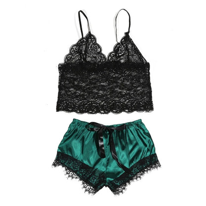 Sexy Lace Silk Sleepwear Two Piece Set Of Suspender Shorts For Women