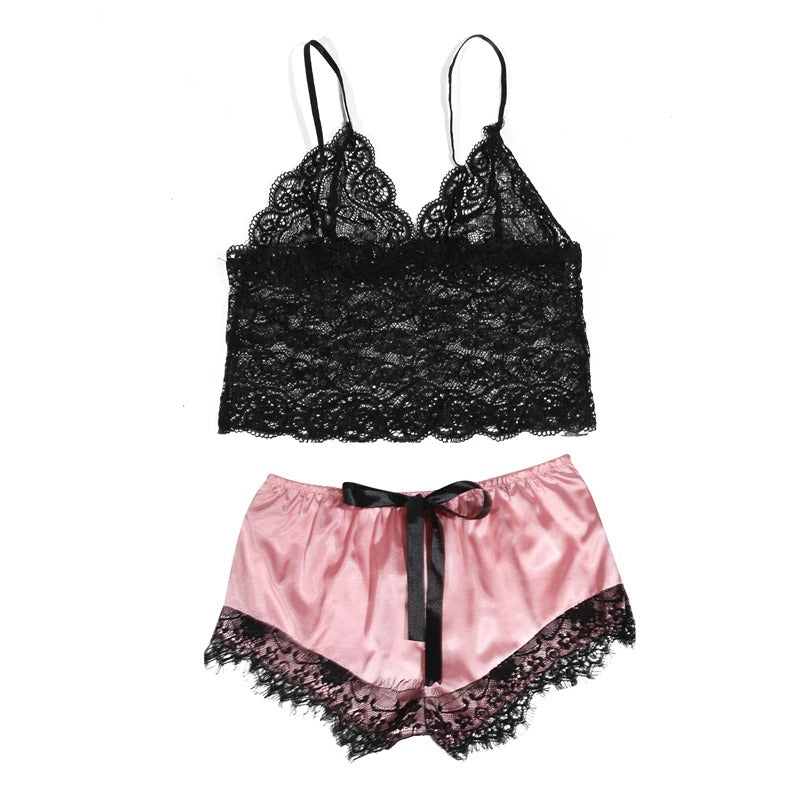 Sexy Lace Silk Sleepwear Two Piece Set Of Suspender Shorts For Women