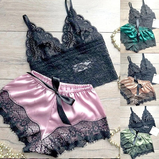 Sexy Lace Silk Sleepwear Two Piece Set Of Suspender Shorts For Women