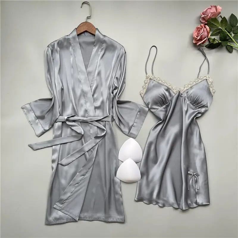 Lace Kimono Bathrobe Gown Sexy Casual Satin Sleepwear Nightgown