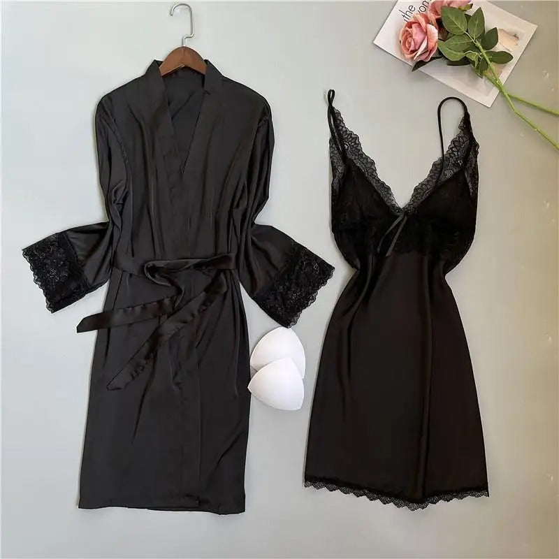 Lace Kimono Bathrobe Gown Sexy Casual Satin Sleepwear Nightgown