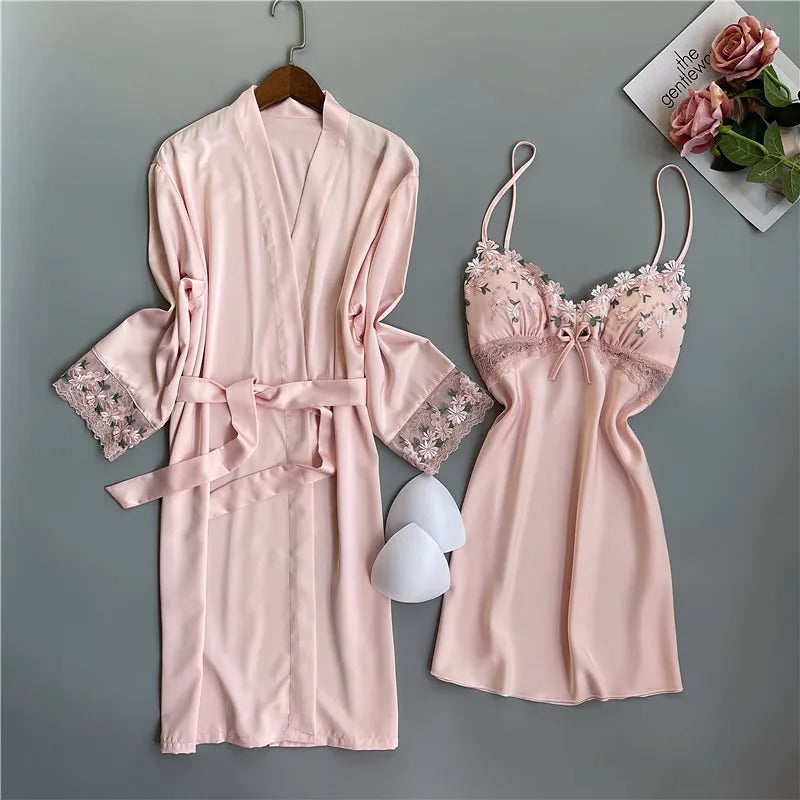 Lace Kimono Bathrobe Gown Sexy Casual Satin Sleepwear Nightgown