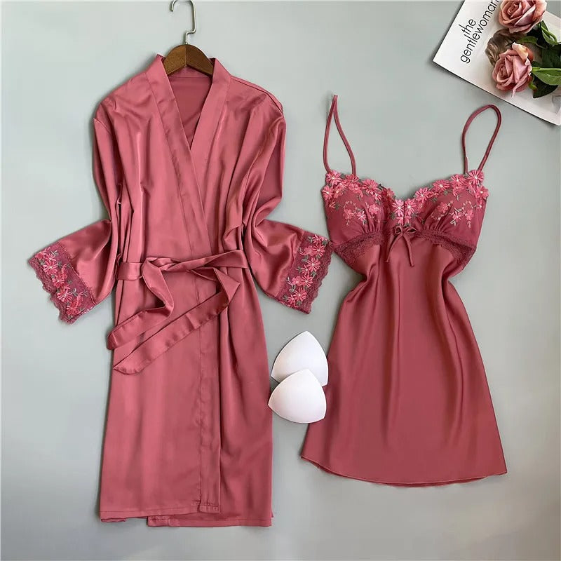 Lace Kimono Bathrobe Gown Sexy Casual Satin Sleepwear Nightgown
