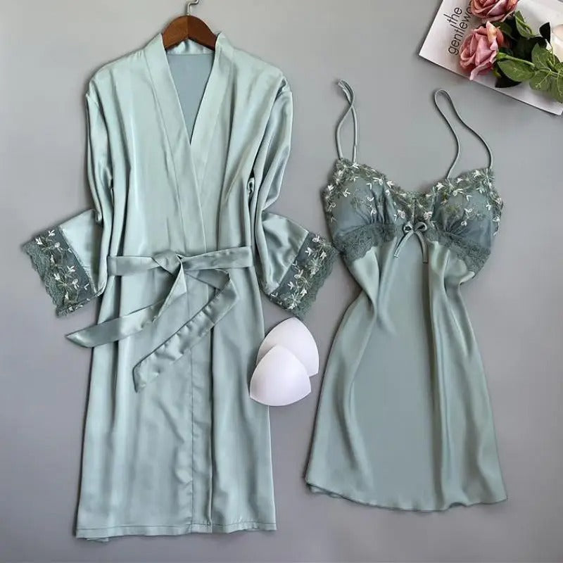 Lace Kimono Bathrobe Gown Sexy Casual Satin Sleepwear Nightgown