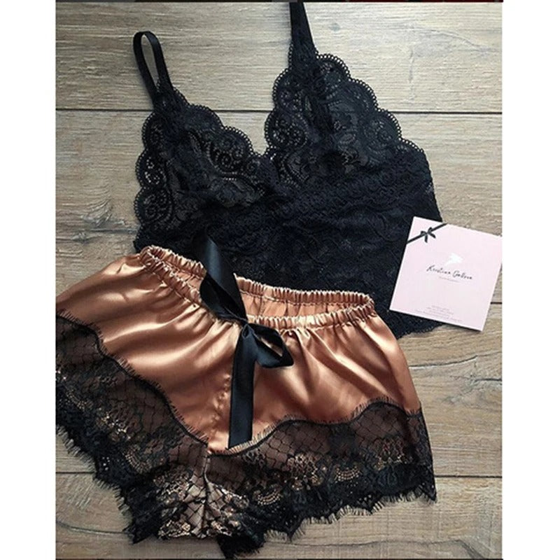 Sexy Lace Silk Sleepwear Two Piece Set Of Suspender Shorts For Women