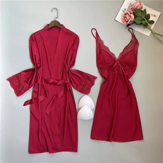 Lace Kimono Bathrobe Gown Sexy Casual Satin Sleepwear Nightgown