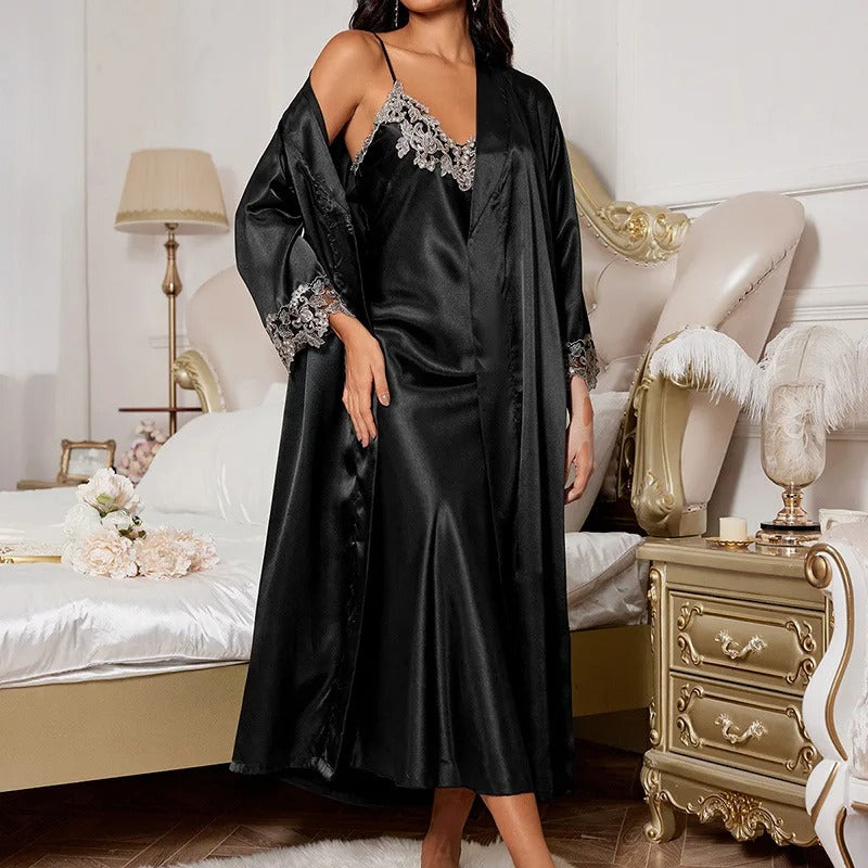 Women's Sexy Satin Kimono Bathrobe Gown Nightwear Lace Lingerie