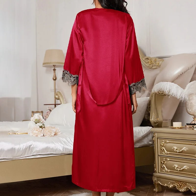 Women's Sexy Satin Kimono Bathrobe Gown Nightwear Lace Lingerie