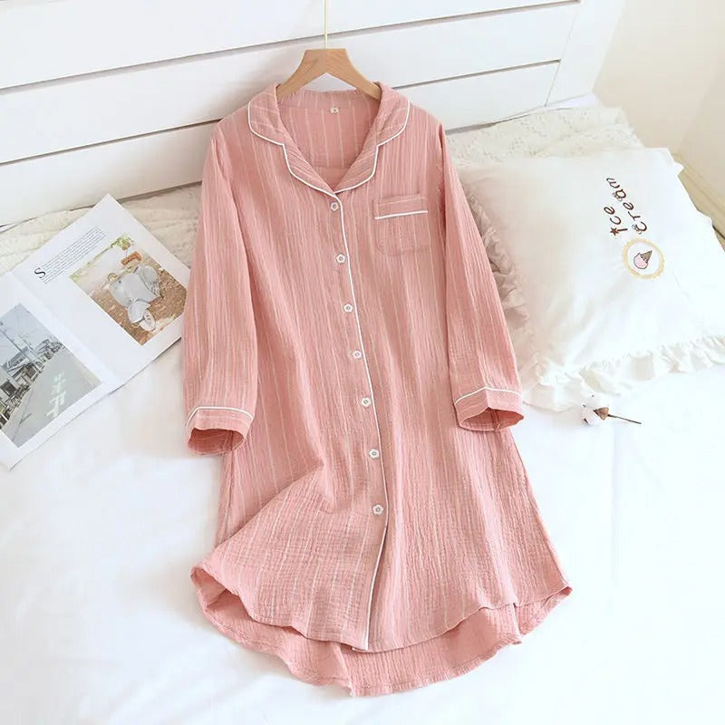 Women Long Sleeve Nightgown Bathrobe Large Size Sleep Shirt Striped Buttons Night Dresses