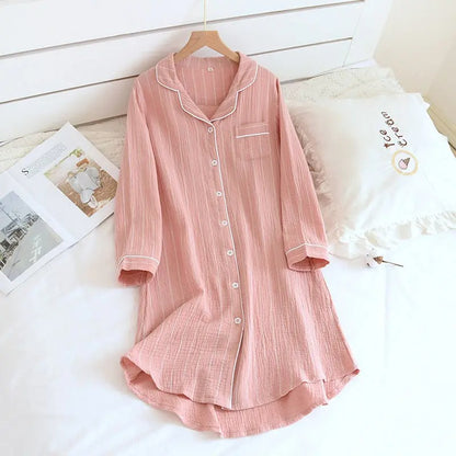 Women Long Sleeve Nightgown Bathrobe Large Size Sleep Shirt Striped Buttons Night Dresses