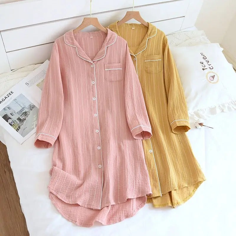 Women Long Sleeve Nightgown Bathrobe Large Size Sleep Shirt Striped Buttons Night Dresses