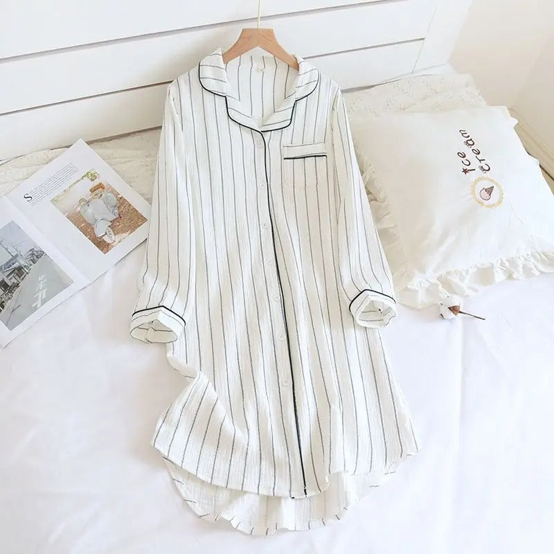 Women Long Sleeve Nightgown Bathrobe Large Size Sleep Shirt Striped Buttons Night Dresses