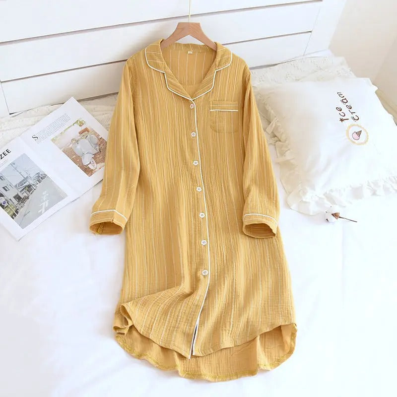 Women Long Sleeve Nightgown Bathrobe Large Size Sleep Shirt Striped Buttons Night Dresses