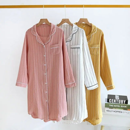 Women Long Sleeve Nightgown Bathrobe Large Size Sleep Shirt Striped Buttons Night Dresses
