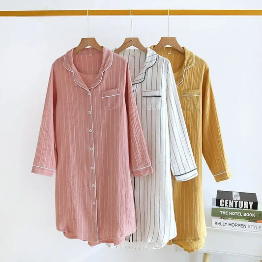 Women Long Sleeve Nightgown Bathrobe Large Size Sleep Shirt Striped Buttons Night Dresses
