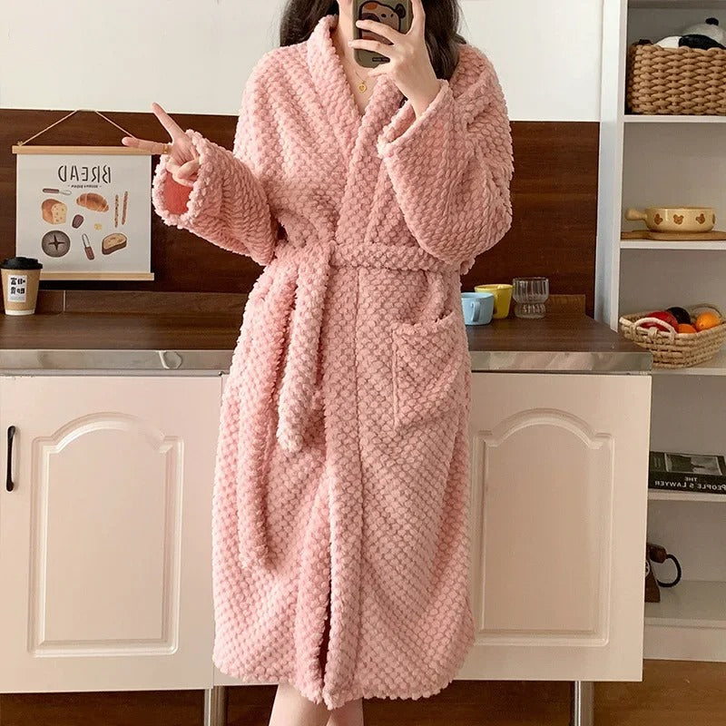Flannel Robe Bathrobe Cardigan Thickened Medium-Length Couple's Sleepwear For Men And Women