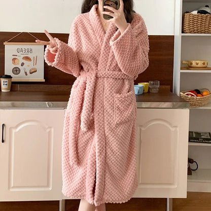 Flannel Robe Bathrobe Cardigan Thickened Medium-Length Couple's Sleepwear For Men And Women