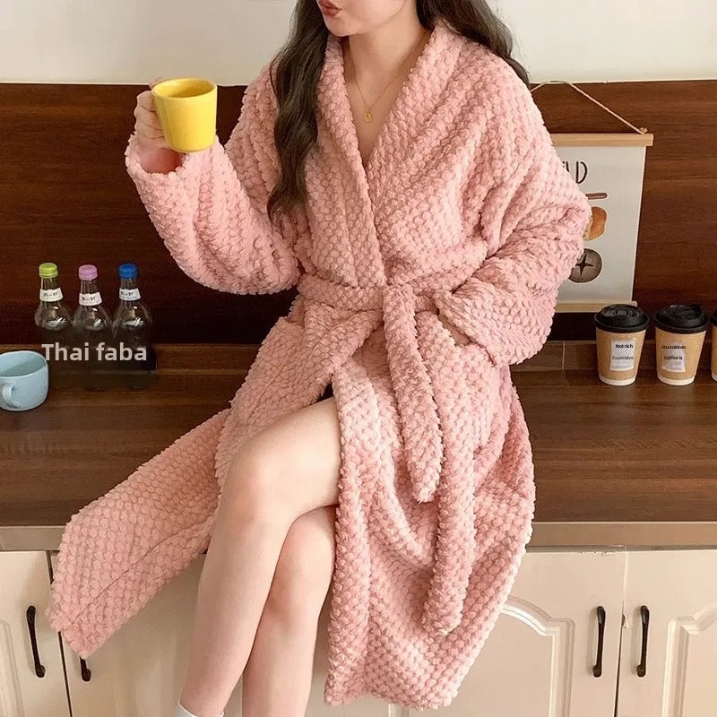 Flannel Robe Bathrobe Cardigan Thickened Medium-Length Couple's Sleepwear For Men And Women