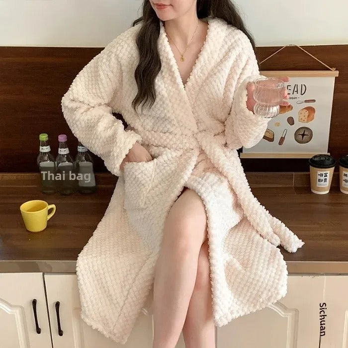 Flannel Robe Bathrobe Cardigan Thickened Medium-Length Couple's Sleepwear For Men And Women