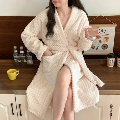Flannel Robe Bathrobe Cardigan Thickened Medium-Length Couple's Sleepwear For Men And Women