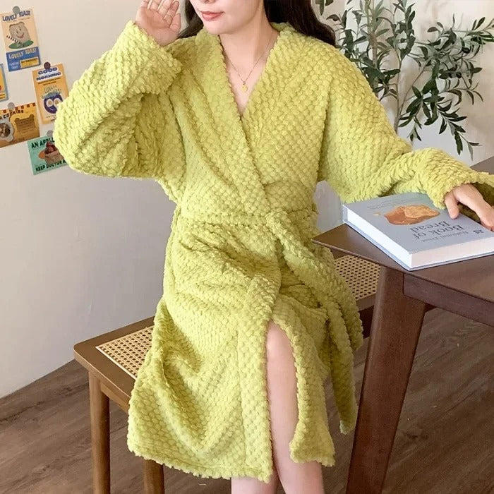 Flannel Robe Bathrobe Cardigan Thickened Medium-Length Couple's Sleepwear For Men And Women