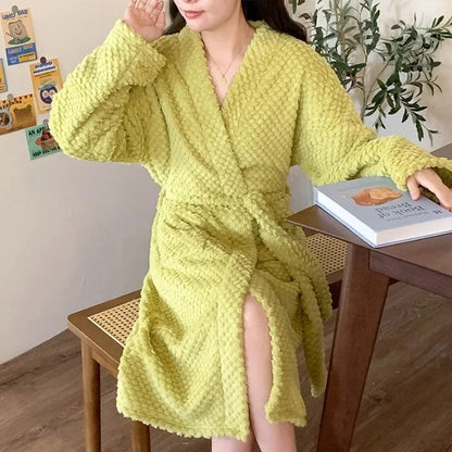 Flannel Robe Bathrobe Cardigan Thickened Medium-Length Couple's Sleepwear For Men And Women